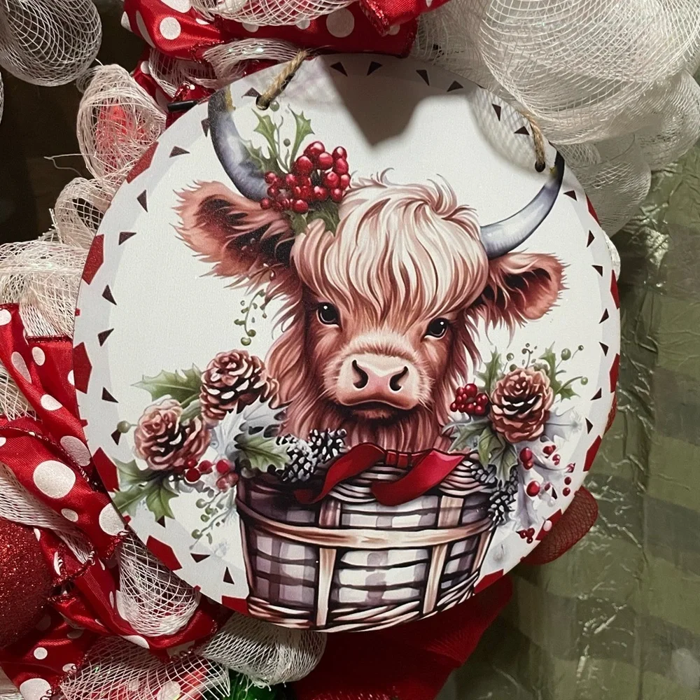 New Christmas Scottish Highlander Cow handmade wreath by me!‎ Candy Cane!